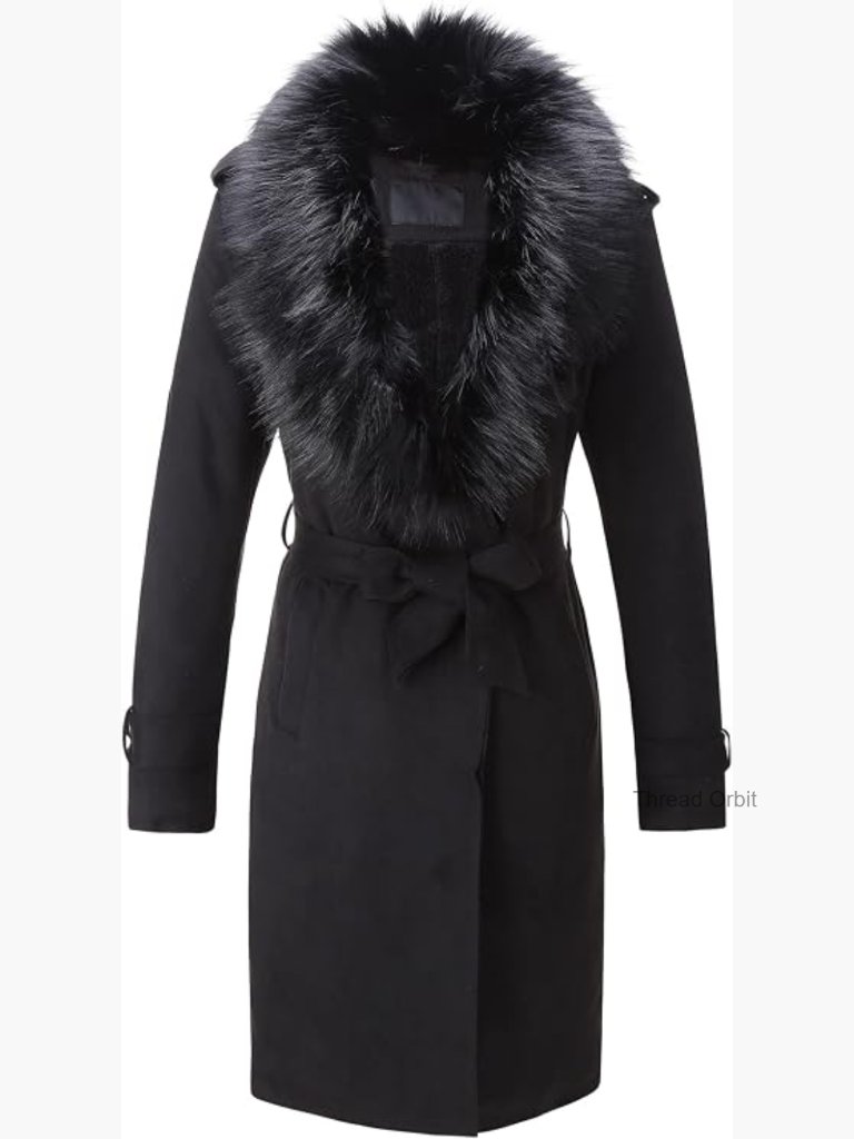 Faux Leather Trench Coat Fleece-Lined Detachable Fur Collar